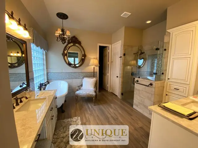 Bathroom vanity and mirror after remodel